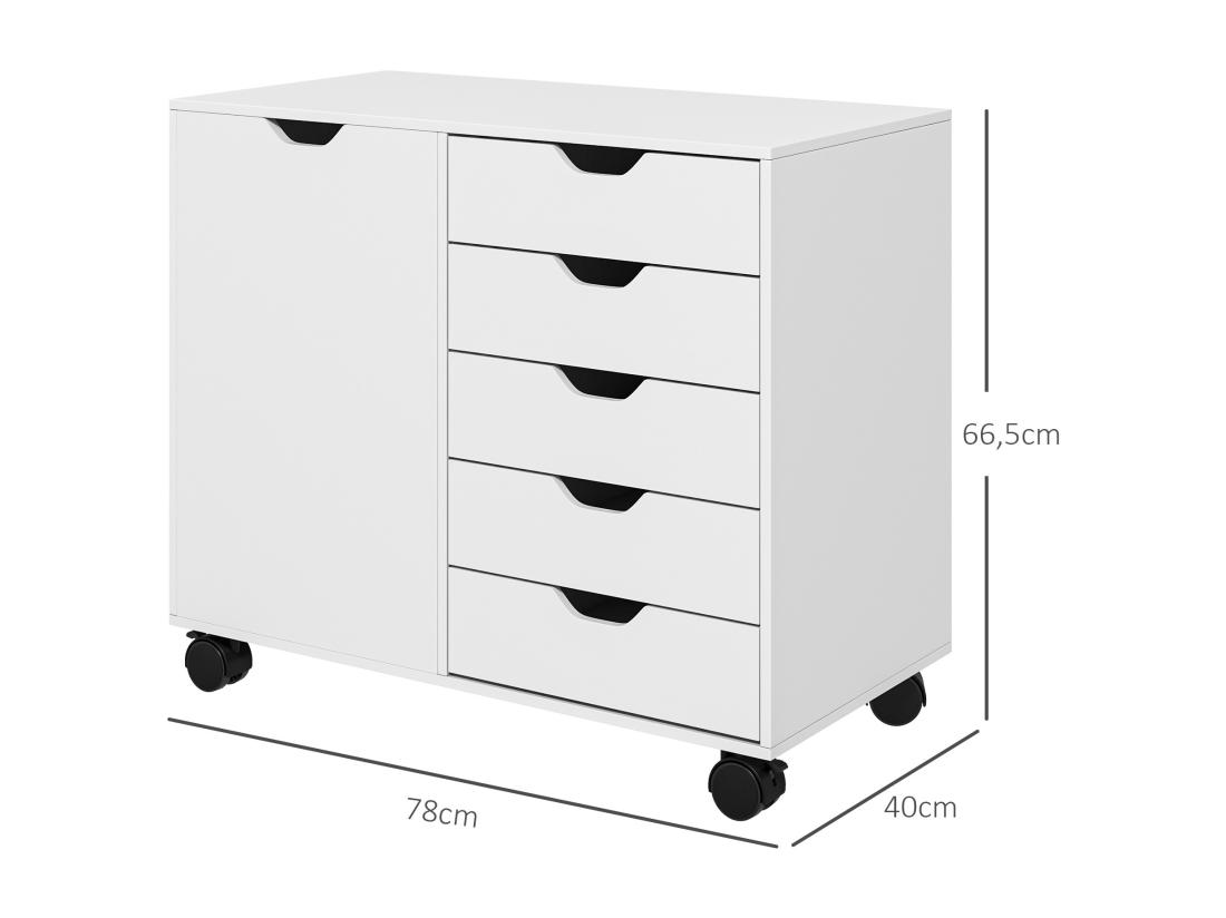 Vente Unique Caisson Rangement Bureau Support D'imprimante 5 Tiroirs Porte étagère Dim. 78L X 40l X 66H Cm Blanc