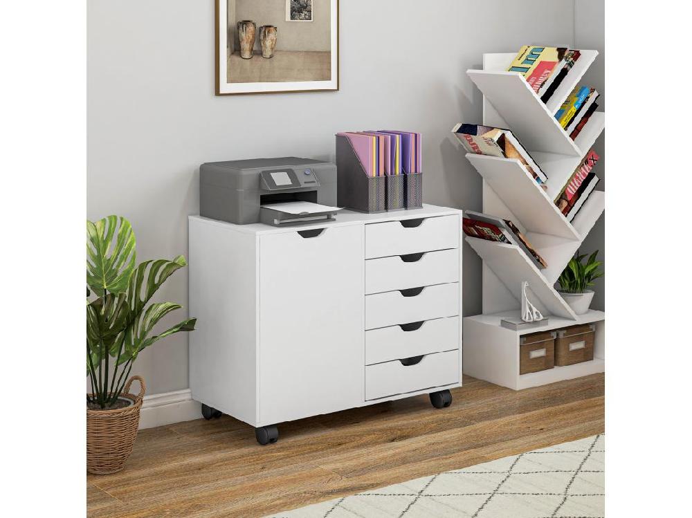 Vente Unique Caisson Rangement Bureau Support D'imprimante 5 Tiroirs Porte étagère Dim. 78L X 40l X 66H Cm Blanc