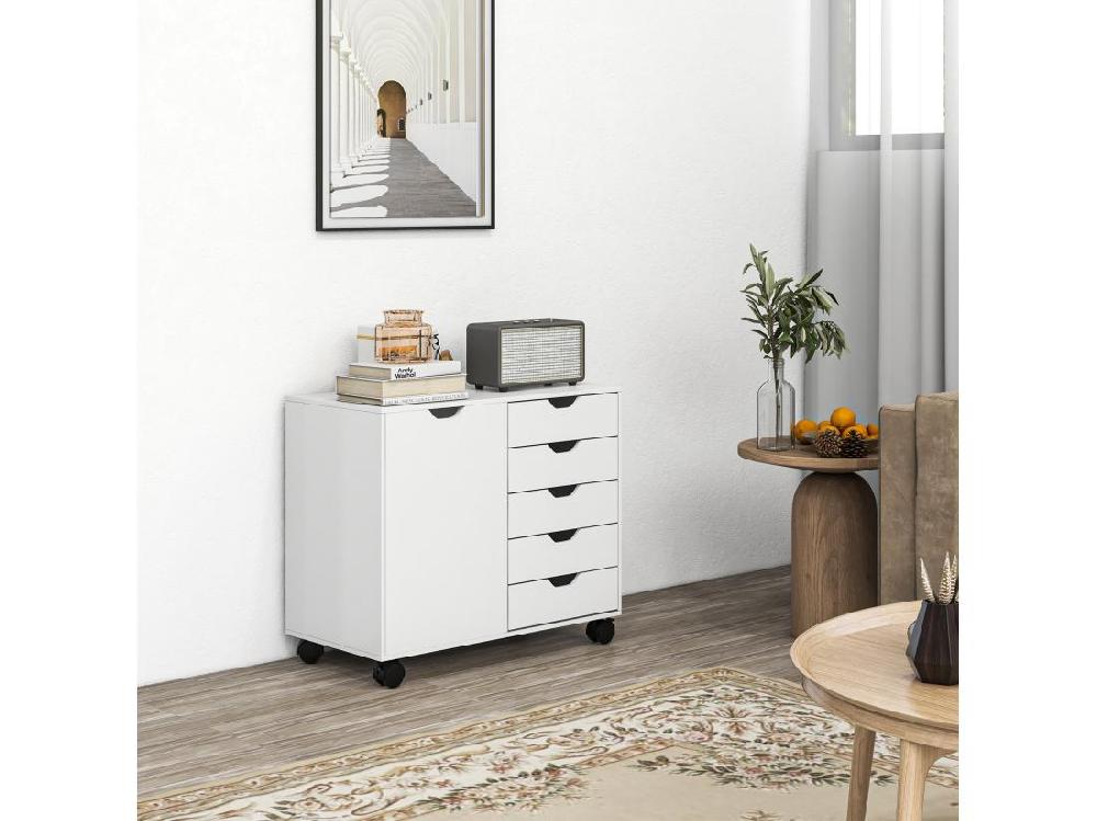 Vente Unique Caisson Rangement Bureau Support D'imprimante 5 Tiroirs Porte étagère Dim. 78L X 40l X 66H Cm Blanc
