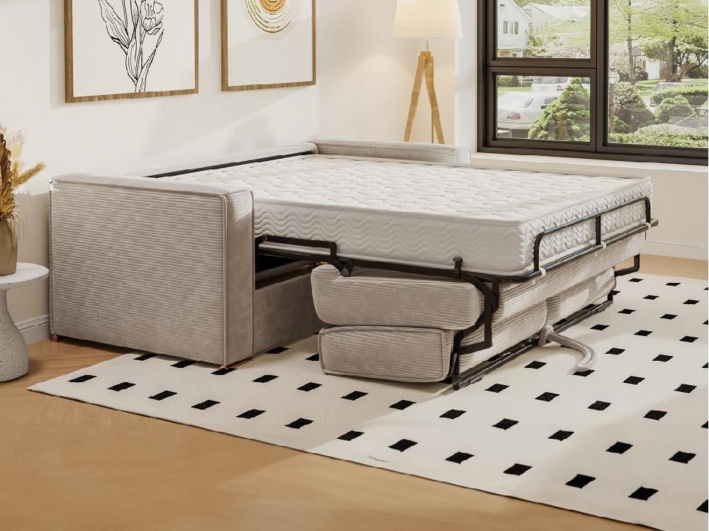 Vente Unique Canapé 3 Places Convertible Express En Velours Côtelé Beige - Couchage 140 Cm - Matelas 14 Cm LORETO