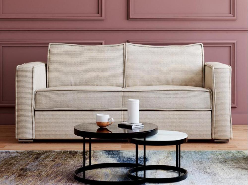 vente unique Canapé 3 places convertible express en velours côtelé beige - Couchage 140 cm - Matelas 14 cm LORETO