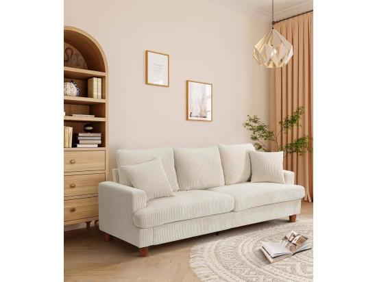 Vente Unique Canapé 3 Places En Velours Côtelé Beige Grand Canapé Droit Sièges Extra Profonds De 53cm Avec 2 Oreillers - 220x76x84cm