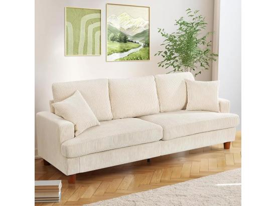 vente unique Canapé 3 Places en Velours Côtelé Beige Grand Canapé Droit Sièges extra profonds de 53cm avec 2 Oreillers - 220x76x84cm