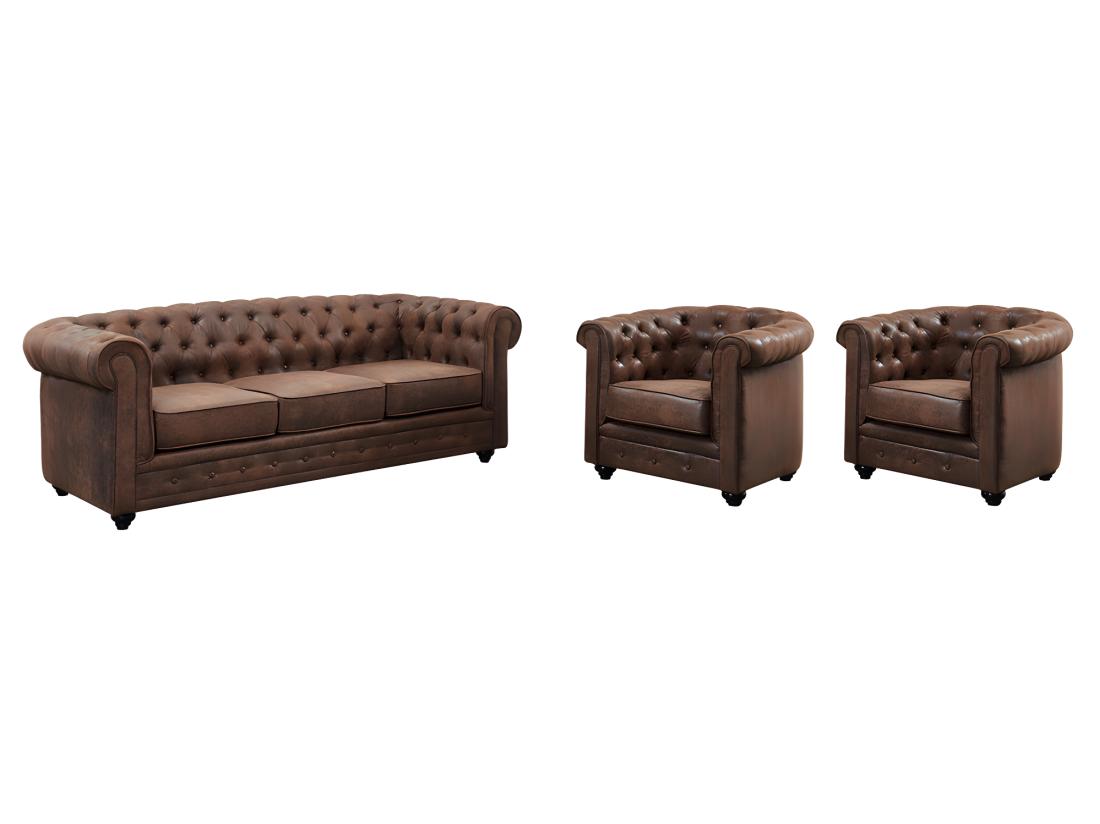 vente unique Canapé 3 places et 2 fauteuils CHESTERFIELD en microfibre aspect cuir vieilli