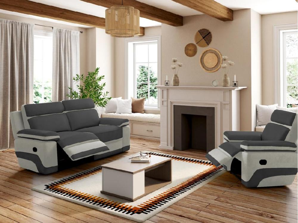 vente unique Canapé 3 places et un fauteuil relax en microfibre anthracite et bandes gris clair TALCA