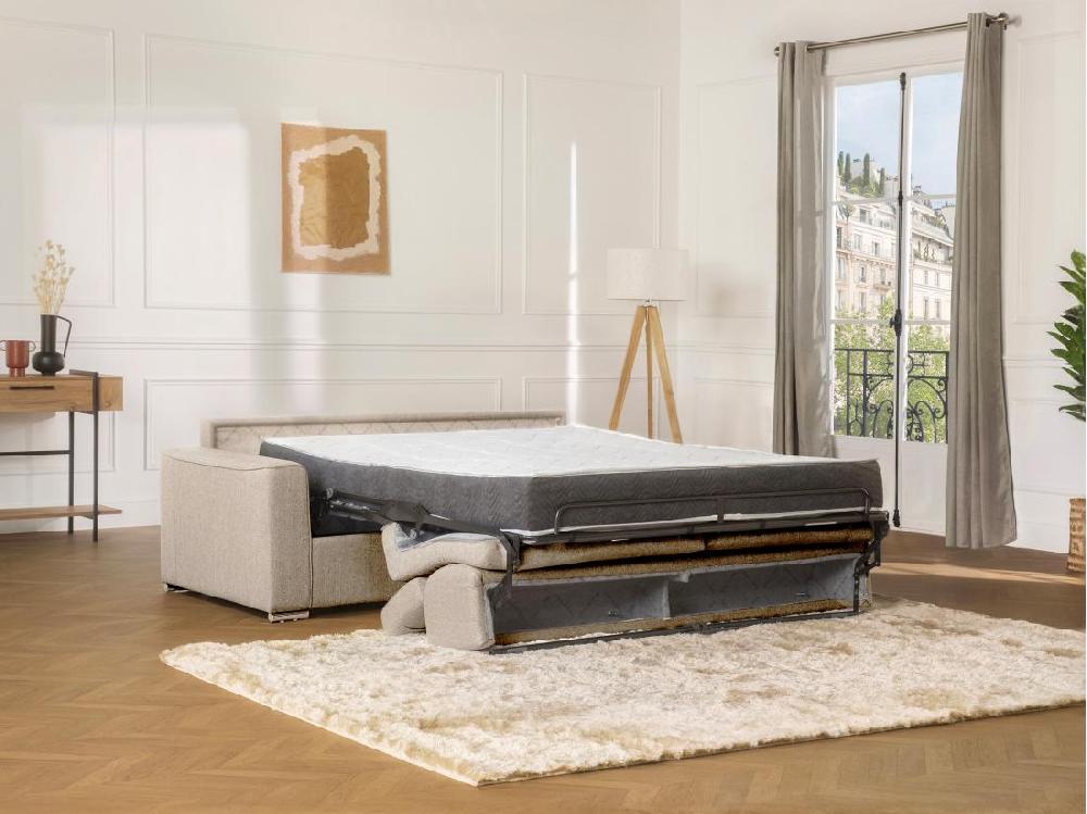Vente Unique Canapé 4 Places Convertible Express En Tissu Beige - Couchage Lattes Larges 160 Cm - Matelas 22 Cm Avec Mémoire De Forme VIZIR
