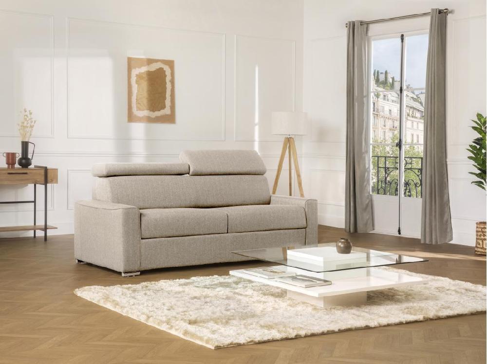 vente unique Canapé 4 places convertible express en tissu beige - couchage lattes larges 160 cm - Matelas 22 cm avec mémoire de forme VIZIR