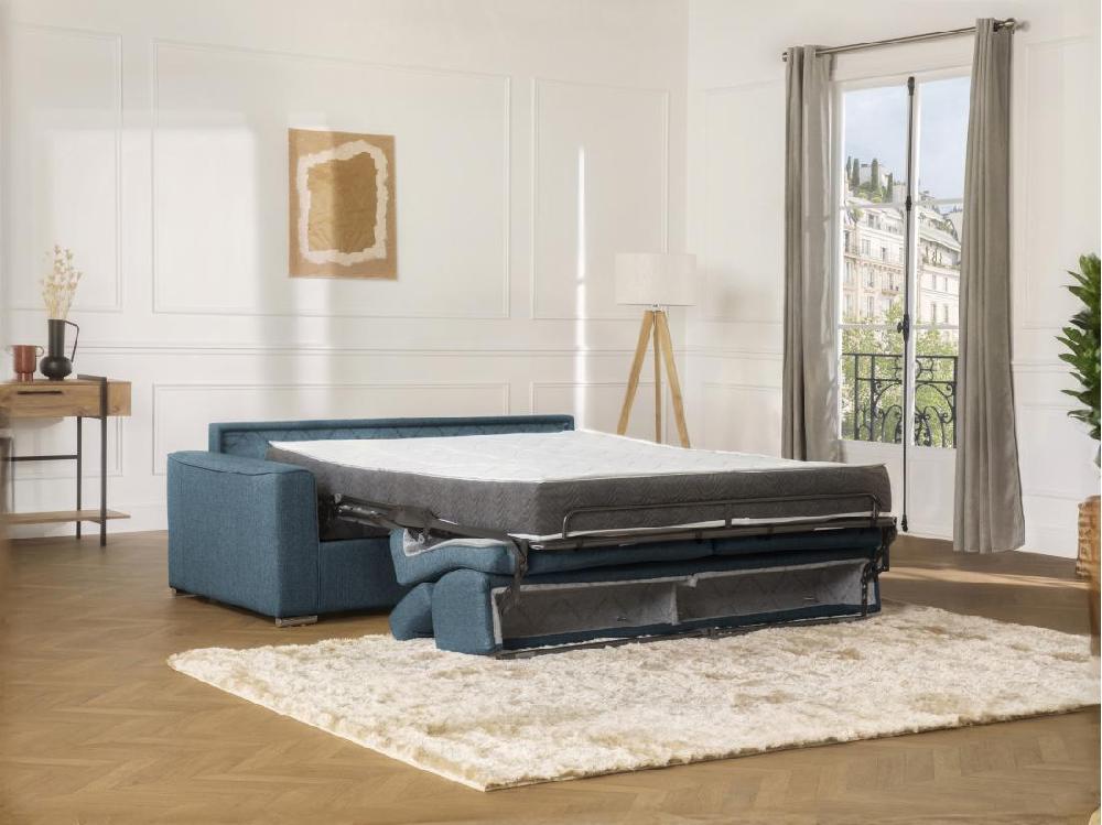 Vente Unique Canapé 4 Places Convertible Express En Tissu Bleu - Couchage Lattes Larges 160 Cm - Matelas 22 Cm Avec Mémoire De Forme VIZIR