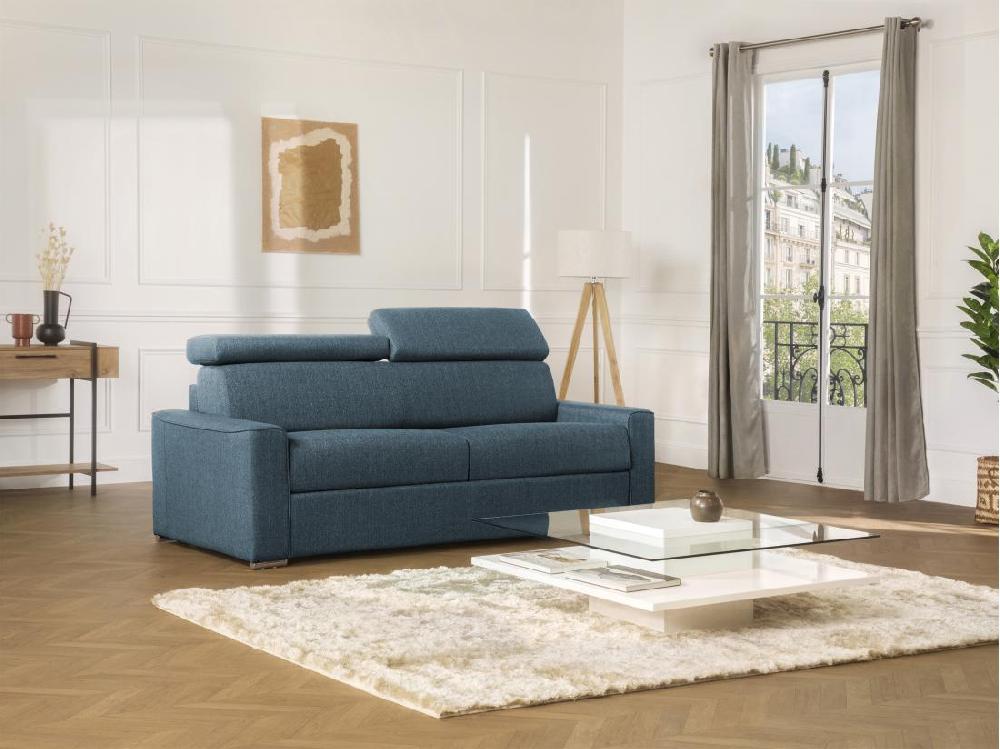 vente unique Canapé 4 places convertible express en tissu bleu - couchage lattes larges 160 cm - Matelas 22 cm avec mémoire de forme VIZIR