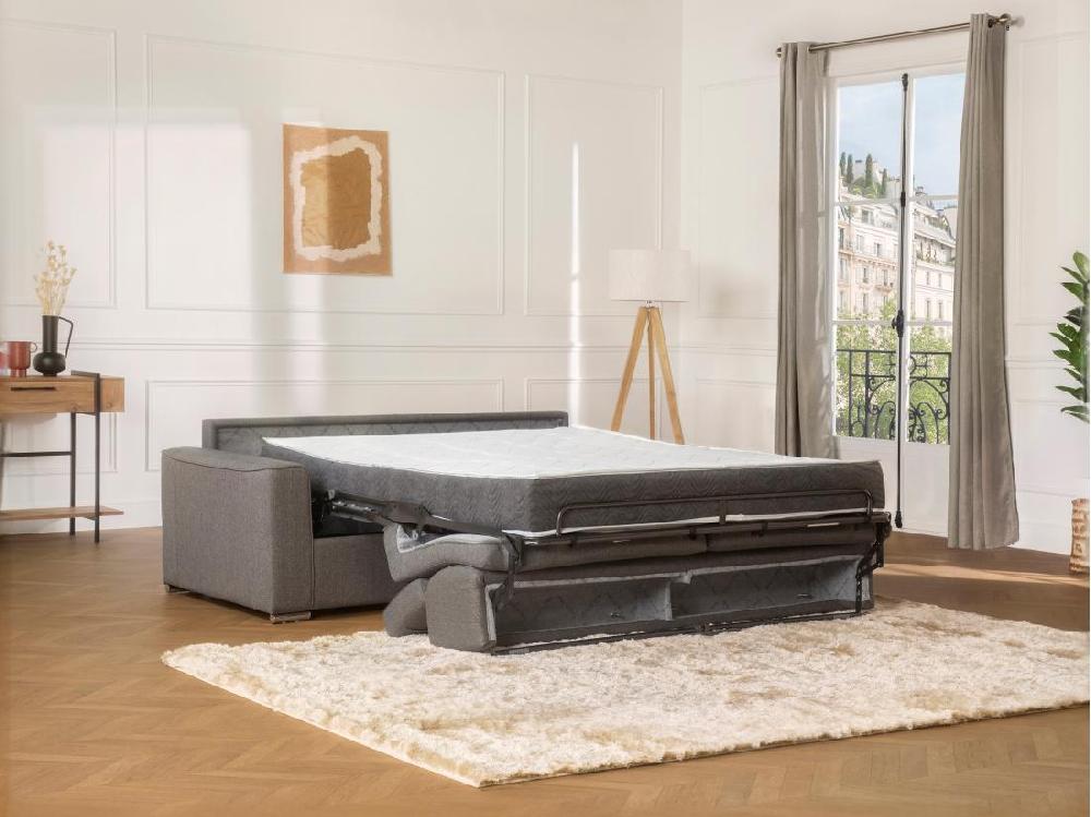 Vente Unique Canapé 4 Places Convertible Express En Tissu Gris - Couchage Lattes Larges 160 Cm - Matelas 22 Cm Avec Mémoire De Forme VIZIR