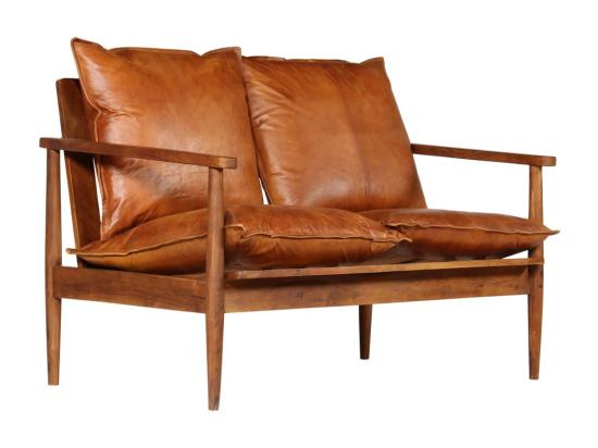 Vente Unique Canapé à 2 Places Cuir Véritable Avec Bois D'acacia Marron