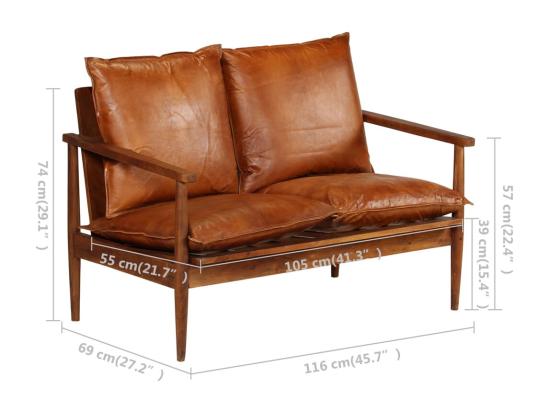 Vente Unique Canapé à 2 Places Cuir Véritable Avec Bois D'acacia Marron