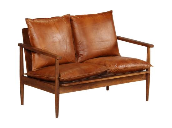 vente unique Canapé à 2 places Cuir véritable avec bois d'acacia Marron