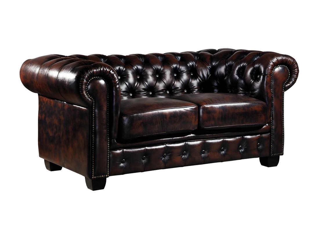 Vente Unique Canapé Chesterfield 2 Places BRENTON 100% Cuir De Buffle - Marron Reflets Châtains