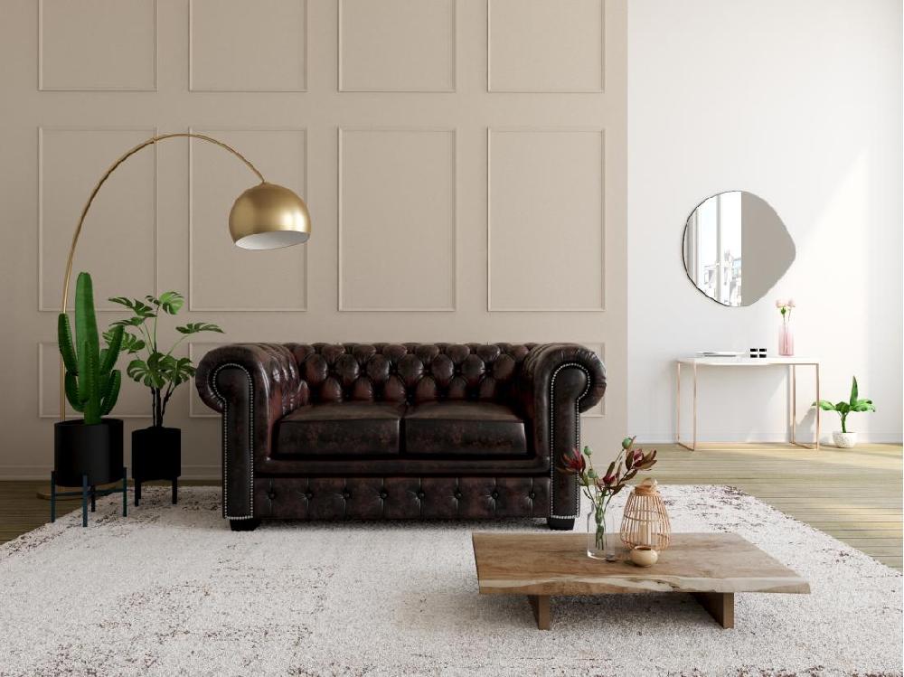 Vente Unique Canapé Chesterfield 2 Places BRENTON 100% Cuir De Buffle - Marron Reflets Châtains