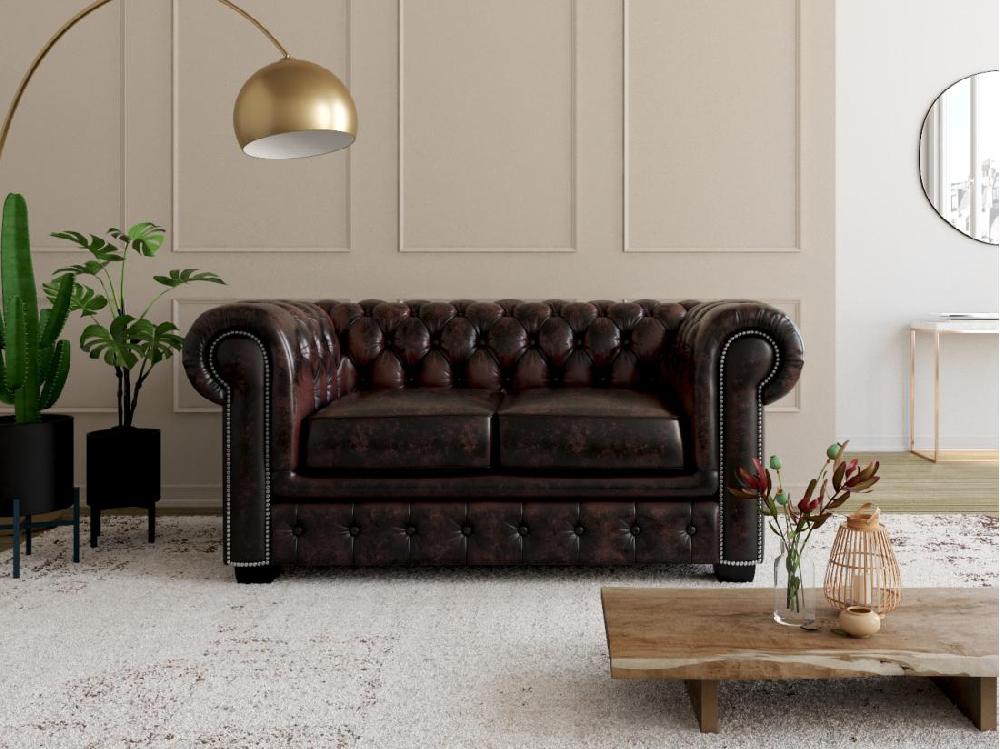 vente unique Canapé chesterfield 2 places BRENTON 100% cuir de buffle - Marron reflets châtains