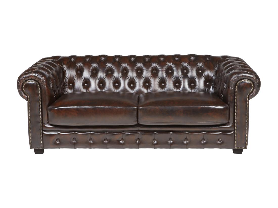 Vente Unique Canapé Chesterfield 3 Places BRENTON 100% Cuir De Buffle - Marron Reflets Châtains