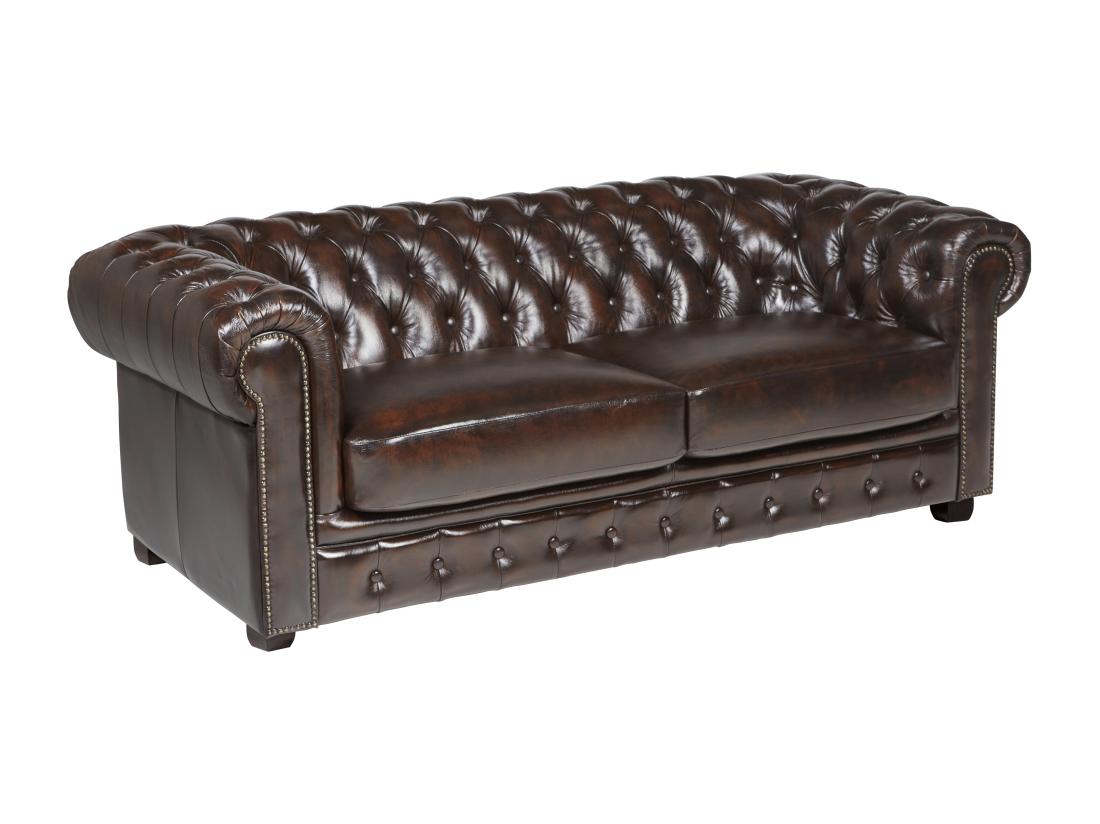 Vente Unique Canapé Chesterfield 3 Places BRENTON 100% Cuir De Buffle - Marron Reflets Châtains