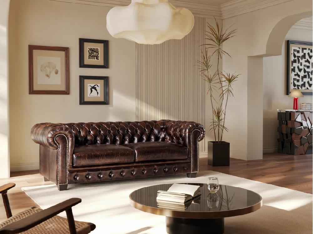 vente unique Canapé chesterfield 3 places BRENTON 100% cuir de buffle - Marron reflets châtains
