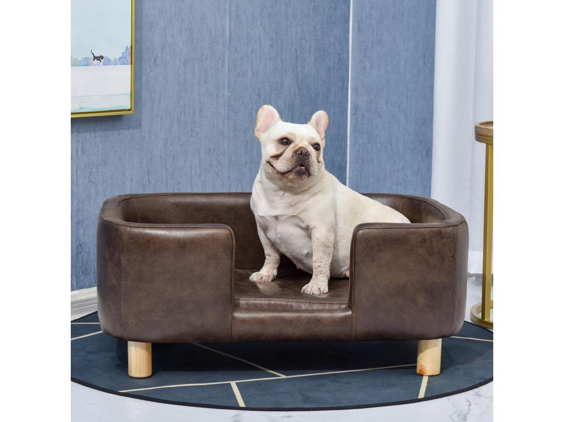Vente Unique Canapé Chien Lit Pour Chien Chat Avec Rebord Coussin Moelleux Pieds Bois Massif Dim. 74 X 48 5 X 31 Cm Revêtement Micro-fibre Chocolat