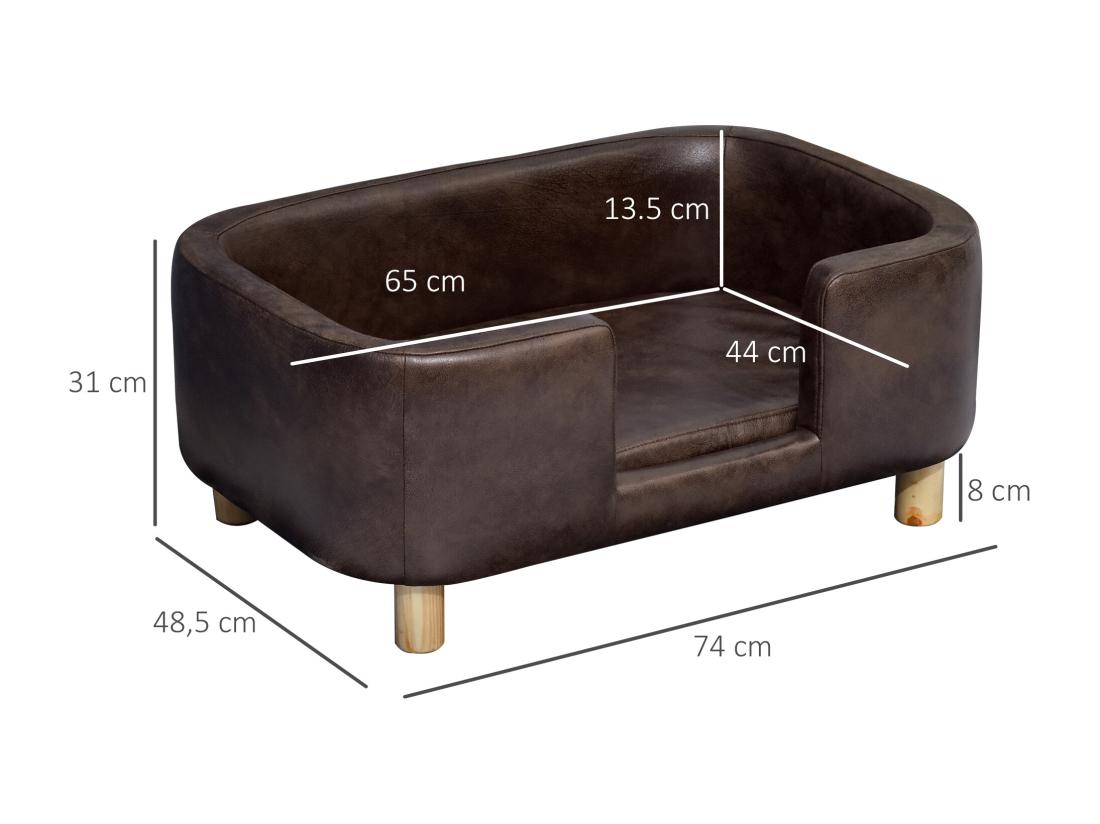 vente unique Canapé chien lit pour chien chat avec rebord coussin moelleux pieds bois massif dim. 74 x 48 5 x 31 cm revêtement micro-fibre chocolat