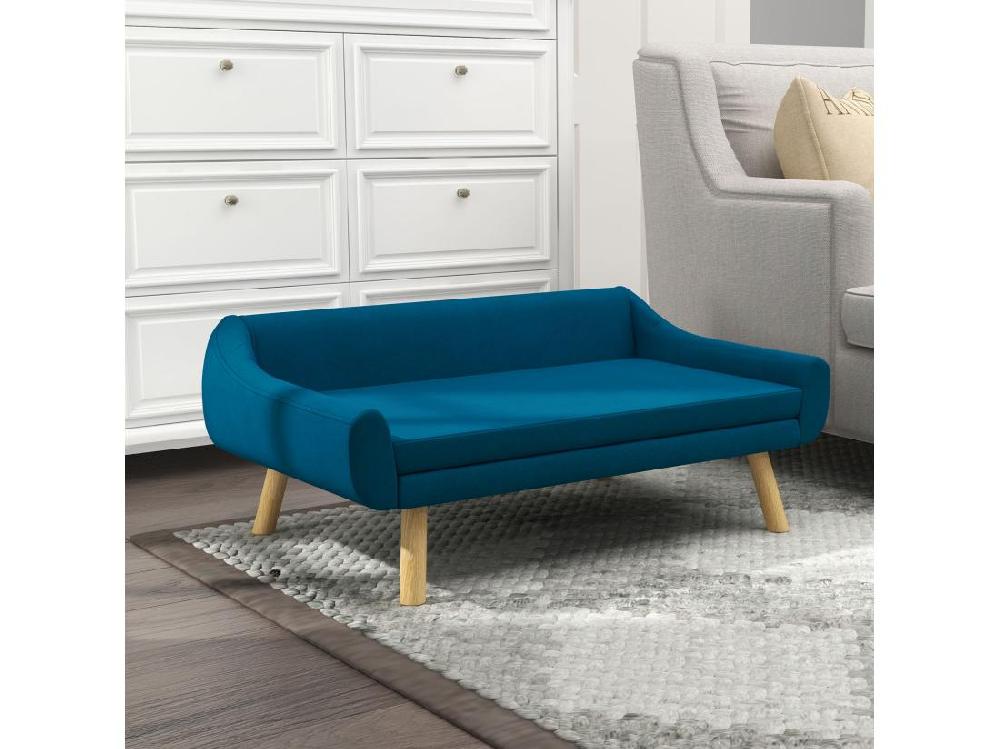 Vente Unique Canapé Chien Lit Pour Chien Design Scandinave - Coussin Moelleux Déhoussable Pieds Bois - Velours Bleu Canard