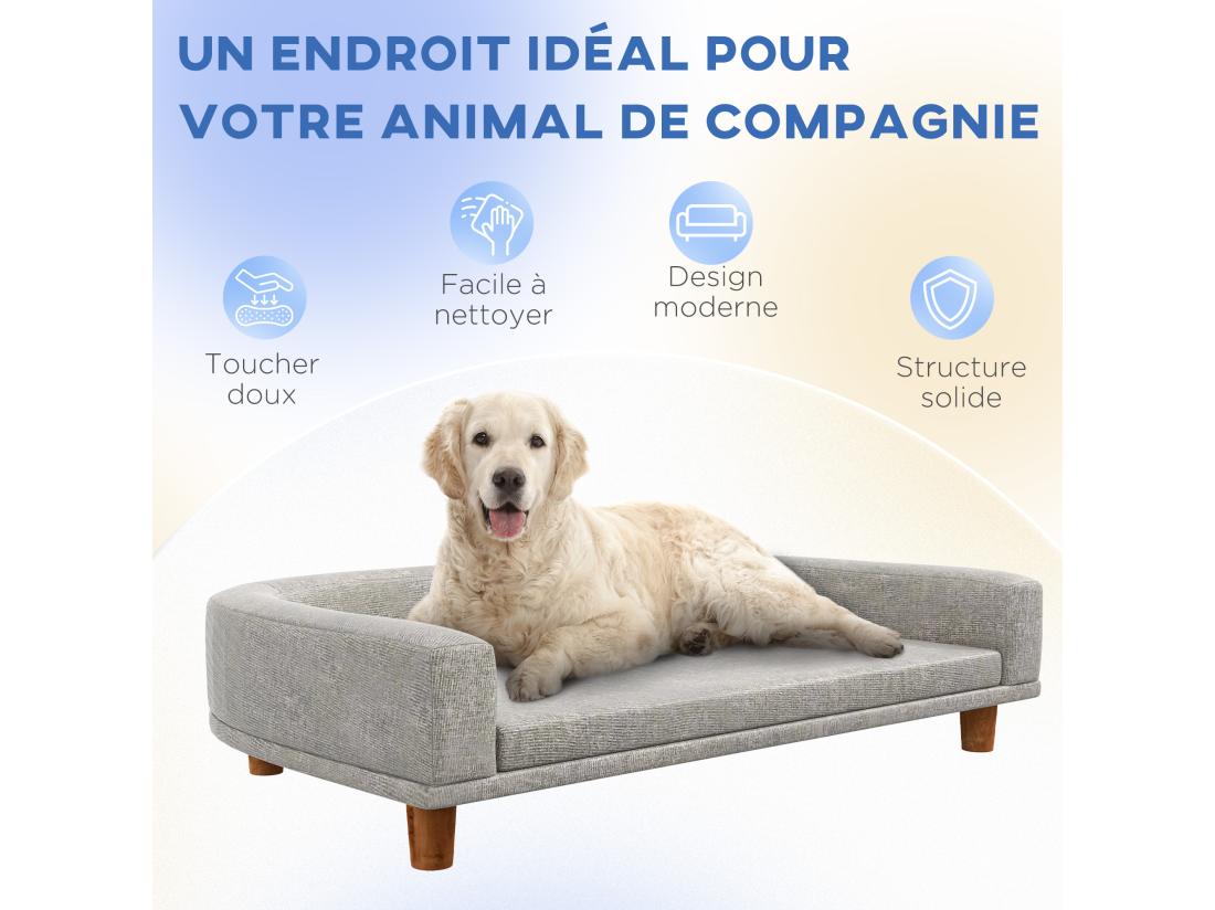 Vente Unique Canapé Chien Lit Pour Chien Design Scandinave Coussin Déhoussable Dim 98L X 67l X 25H Cm Pieds Bois Tissu Polyester Gris