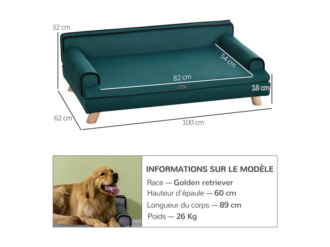 Vente Unique Canapé Chien Lit Pour Chien Design Scandinave Coussin Moelleux Piètement Bois Dim. 100L X 62l X 32H Cm Polyester Bleu Canard
