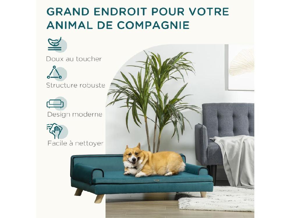 Vente Unique Canapé Chien Lit Pour Chien Design Scandinave Coussin Moelleux Piètement Bois Dim. 100L X 62l X 32H Cm Polyester Bleu Canard