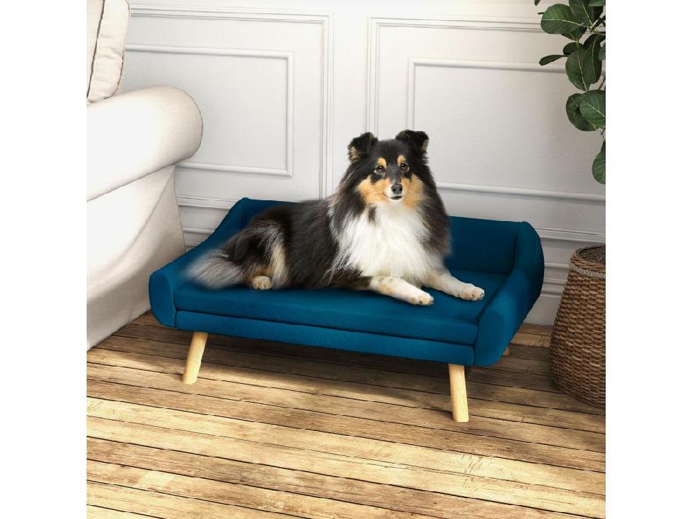 vente unique Canapé chien lit pour chien design scandinave - coussin moelleux déhoussable pieds bois - velours bleu canard