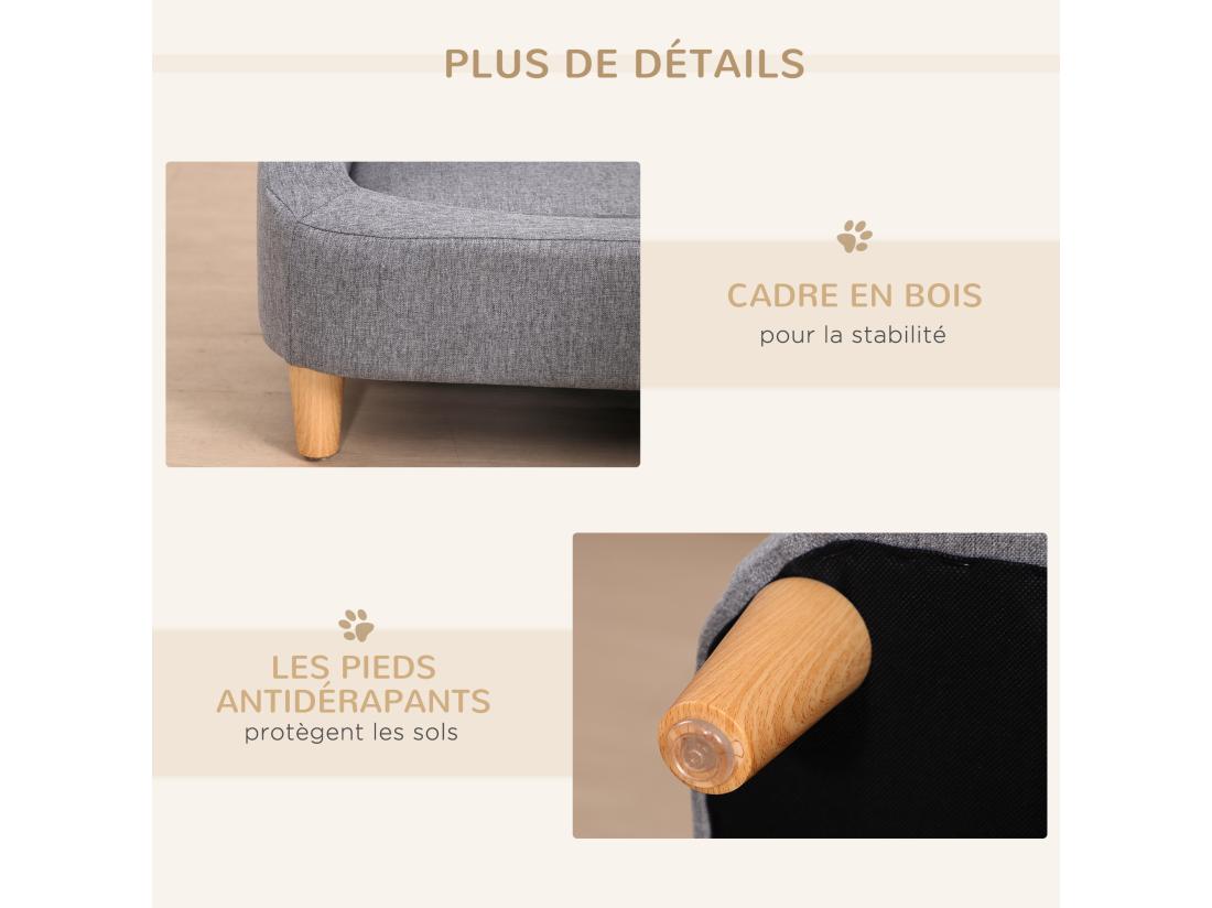 Vente Unique Canapé Chien Lit Pour Chien Design Scandinave Déhoussable Dim. 75L X 55l X 39H Cm Pieds Bois Tissu Polyester Gris