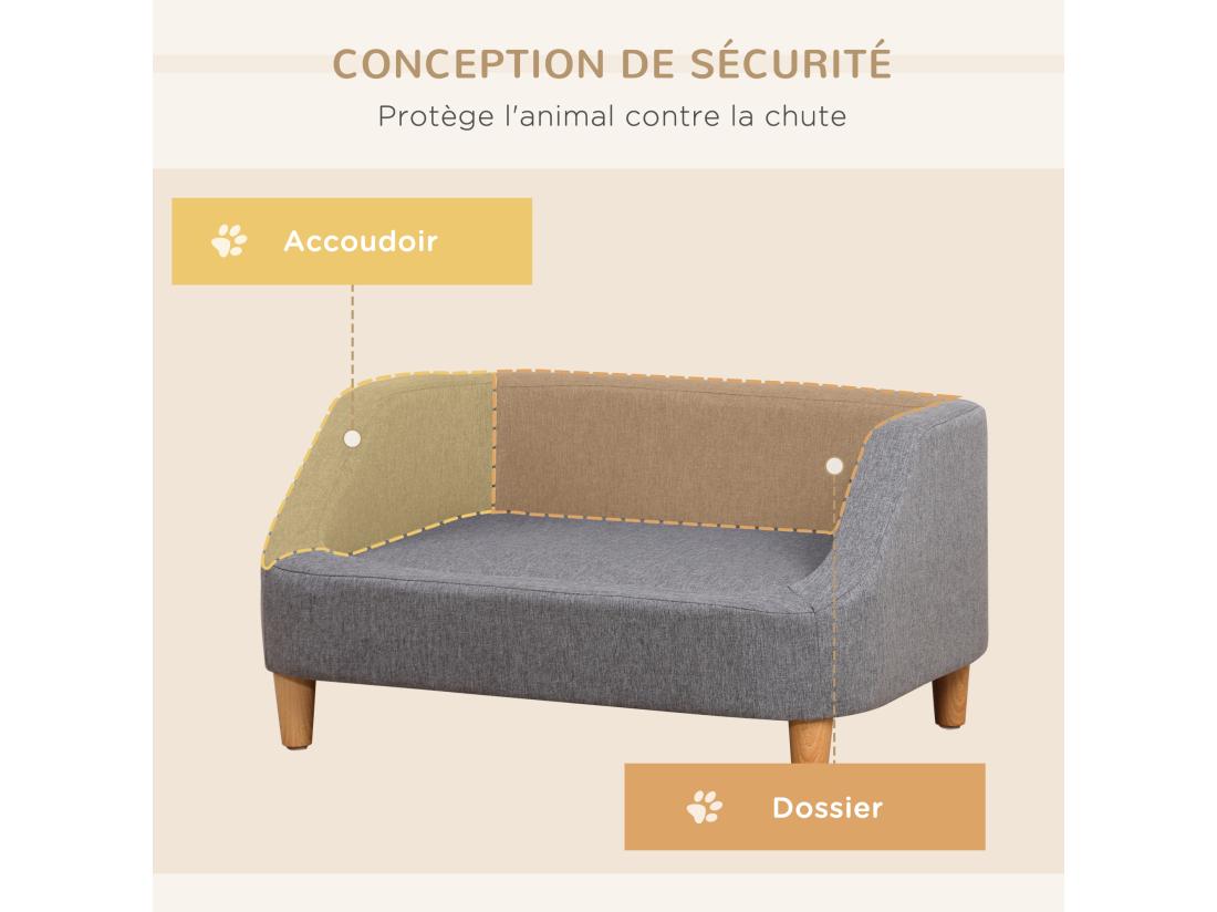 vente unique Canapé chien lit pour chien design scandinave déhoussable dim. 75L x 55l x 39H cm pieds bois tissu polyester gris