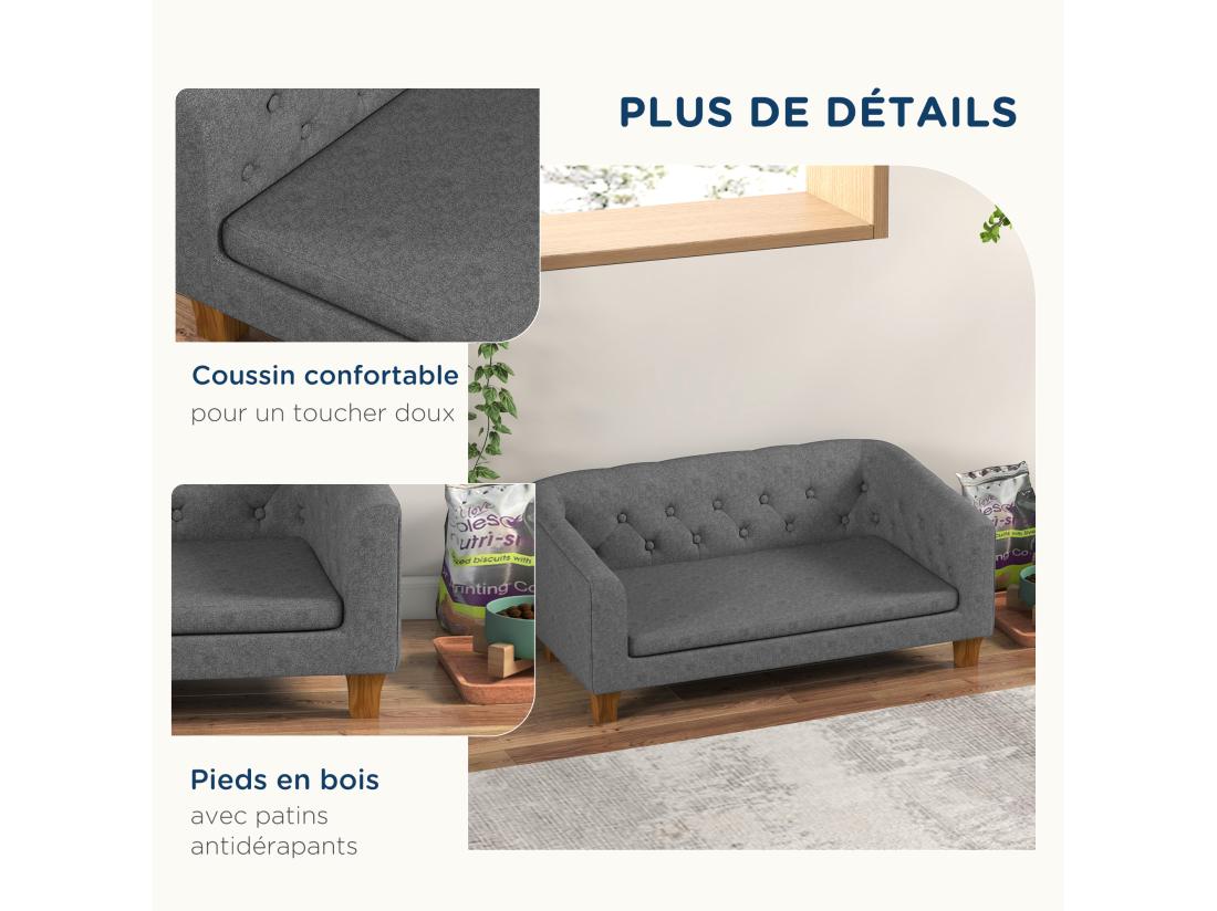 Vente Unique Canapé Chien Lit Pour Chien Style Chesterfield Dossier Capitonné Coussin Moelleux Pieds Bois Polyester Gris
