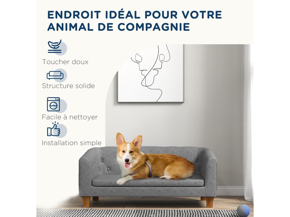vente unique Canapé chien lit pour chien style Chesterfield dossier capitonné coussin moelleux pieds bois polyester gris