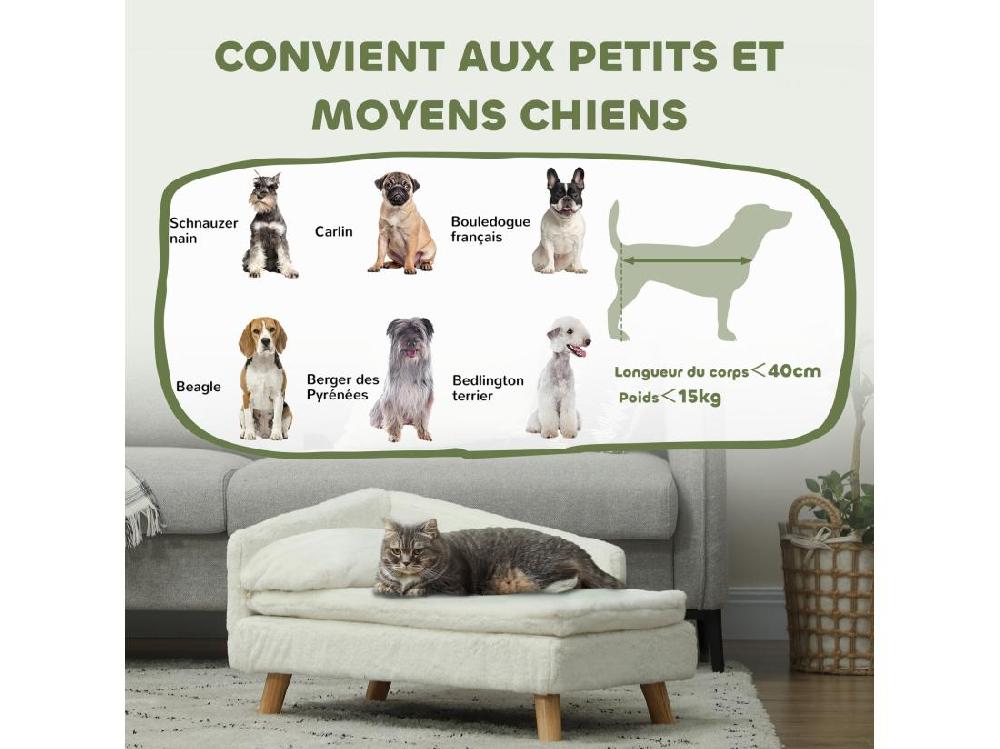 Vente Unique Canapé Chien Méridienne Style Scandinave 2 Coussins Déhoussables Bois Aspect Fourrure Crème