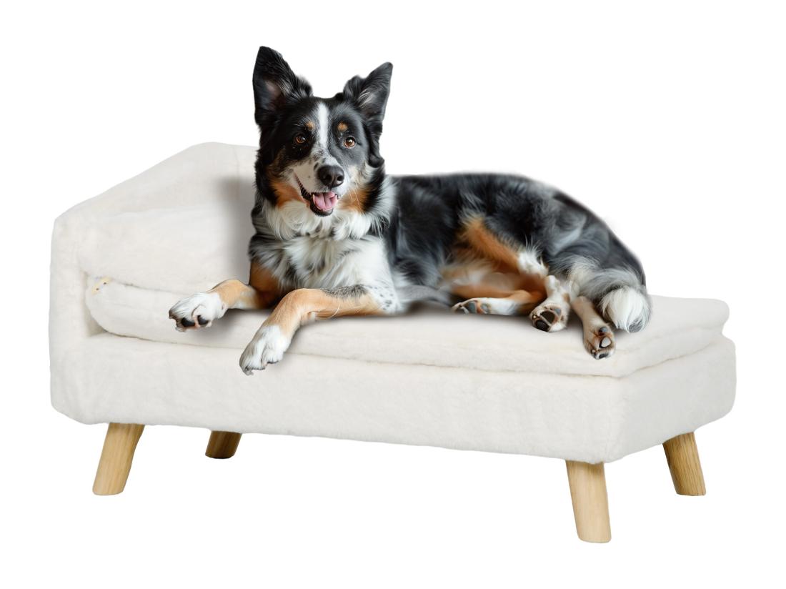 vente unique Canapé chien méridienne style scandinave 2 coussins déhoussables bois aspect fourrure crème