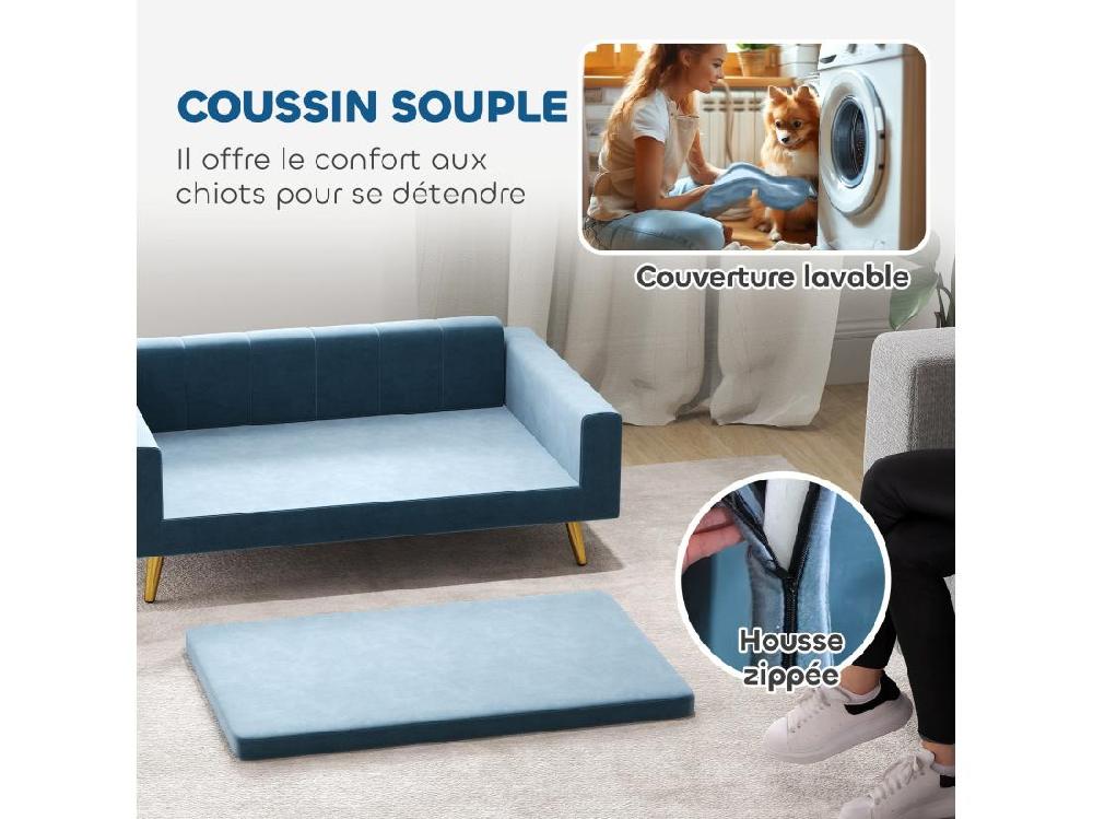 Vente Unique Canapé Chien Style Art Déco - Dim. 94L X 59l X 31H Cm - Coussin Amovible Déhoussable - Acier Doré Velours Bleu