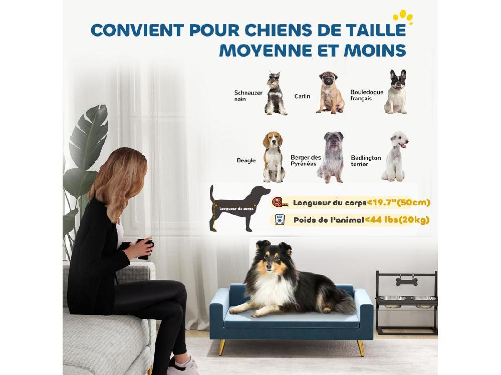 Vente Unique Canapé Chien Style Art Déco - Dim. 94L X 59l X 31H Cm - Coussin Amovible Déhoussable - Acier Doré Velours Bleu
