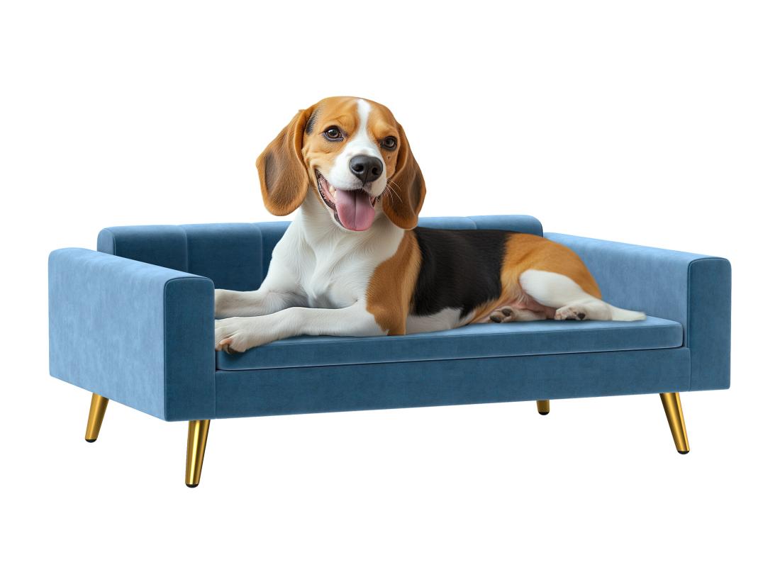 Vente Unique Canapé Chien Style Art Déco - Dim. 94L X 59l X 31H Cm - Coussin Amovible Déhoussable - Acier Doré Velours Bleu