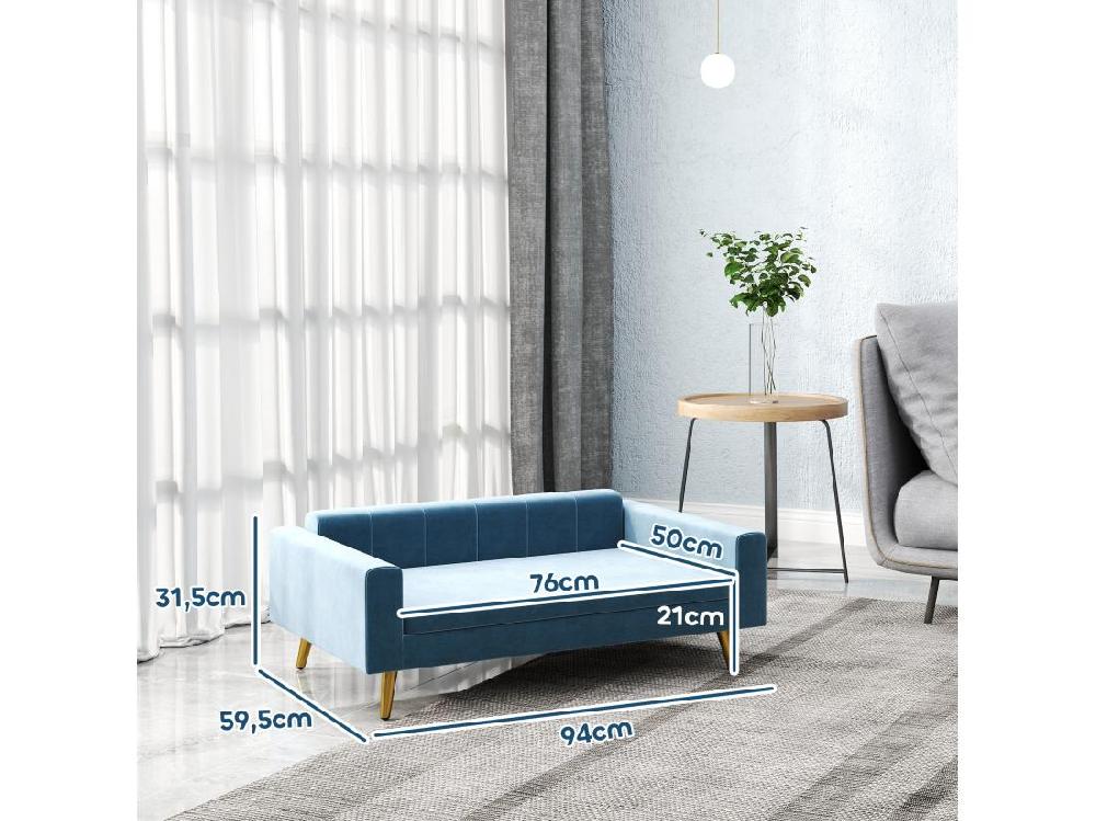 vente unique Canapé chien style art déco - dim. 94L x 59l x 31H cm - coussin amovible déhoussable - acier doré velours bleu