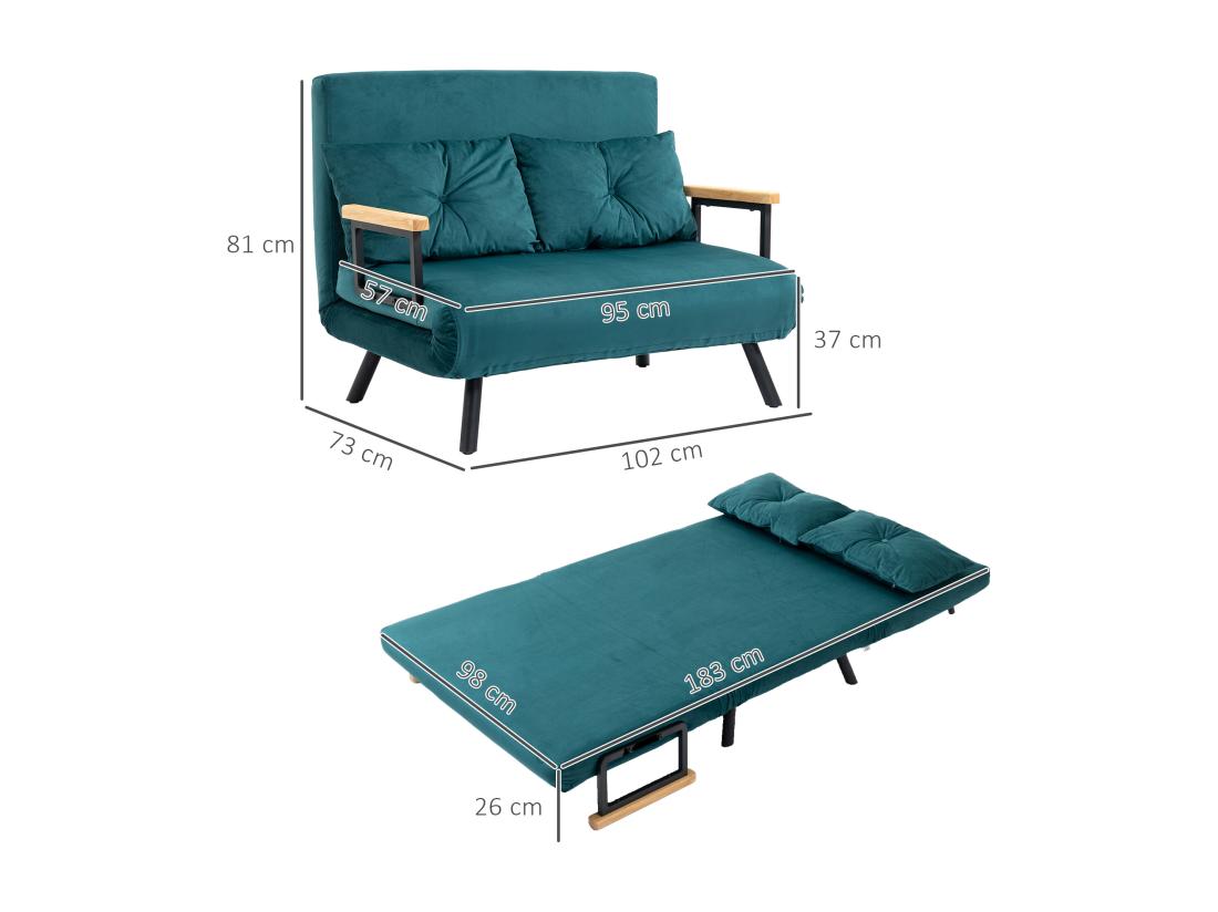 Vente Unique Canapé Convertible 2 Places Canapé-lit Dossier Réglable 5 Niv. 2 Coussins Revêtement Effet Velours Bleu Canard
