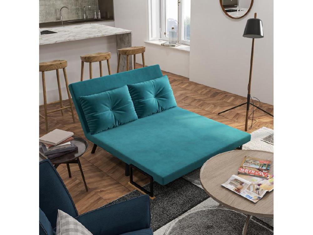 Vente Unique Canapé Convertible 2 Places Canapé-lit Dossier Réglable 5 Niv. 2 Coussins Revêtement Effet Velours Bleu Canard