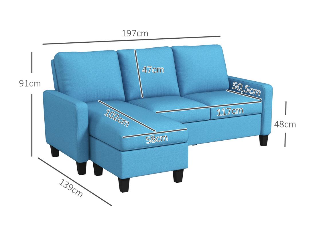 Vente Unique Canapé D'angle 3 Places Méridienne Réversible Garnissage Mousse Haute Densité 28D Tissu Polyester Bleu
