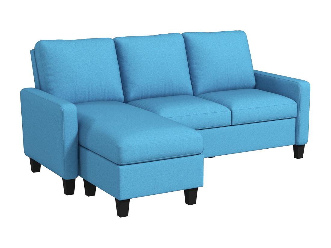vente unique Canapé d'angle 3 places méridienne réversible garnissage mousse haute densité 28D tissu polyester bleu