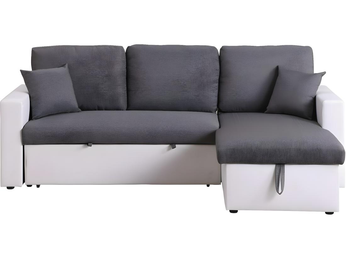 Vente Unique Canapé D'angle Convertible/ Réversible Avec Coffre "Alain" - 221 X 145 X 85 Cm - 3 Places - Gris / Blanc