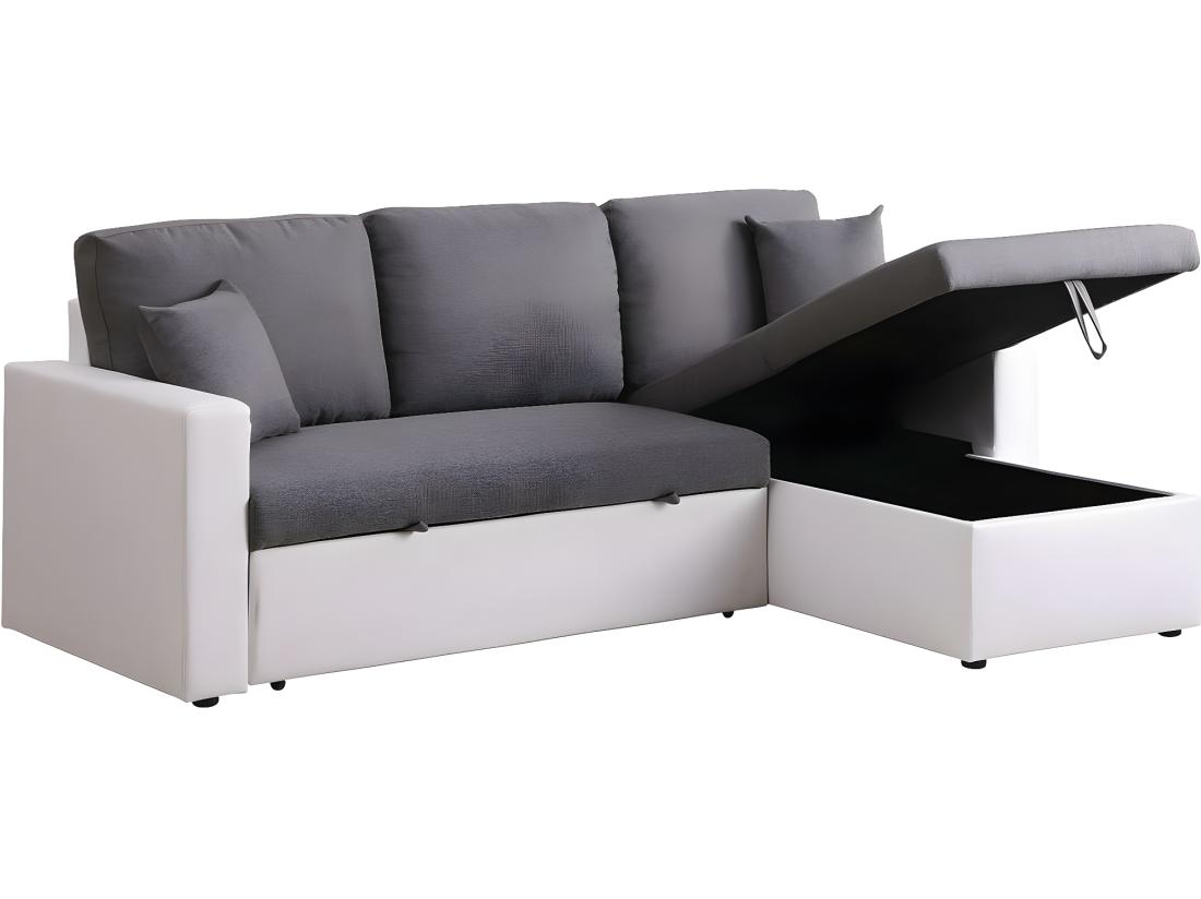 Vente Unique Canapé D'angle Convertible/ Réversible Avec Coffre "Alain" - 221 X 145 X 85 Cm - 3 Places - Gris / Blanc