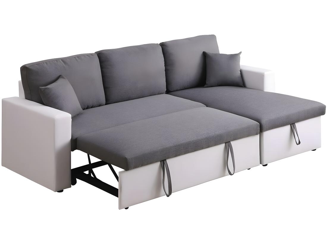 Vente Unique Canapé D'angle Convertible/ Réversible Avec Coffre "Alain" - 221 X 145 X 85 Cm - 3 Places - Gris / Blanc