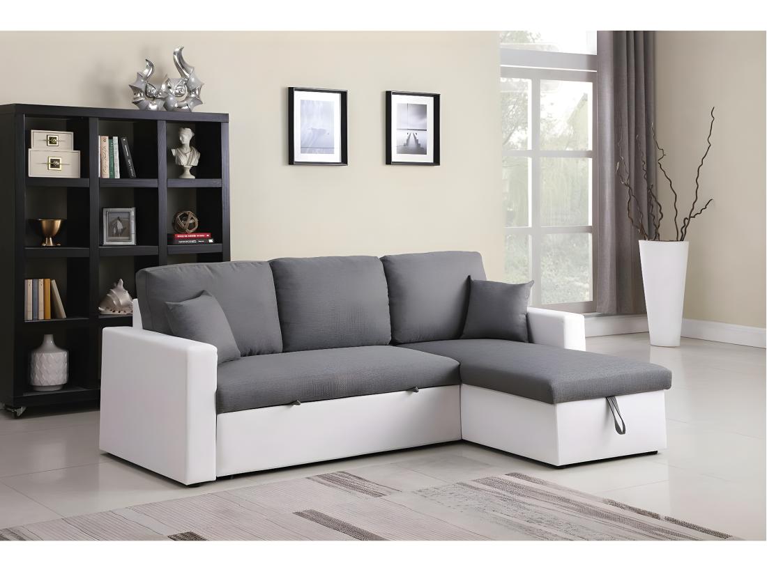 vente unique Canapé d'angle convertible/ réversible avec coffre "Alain" - 221 x 145 x 85 cm - 3 places - Gris / Blanc