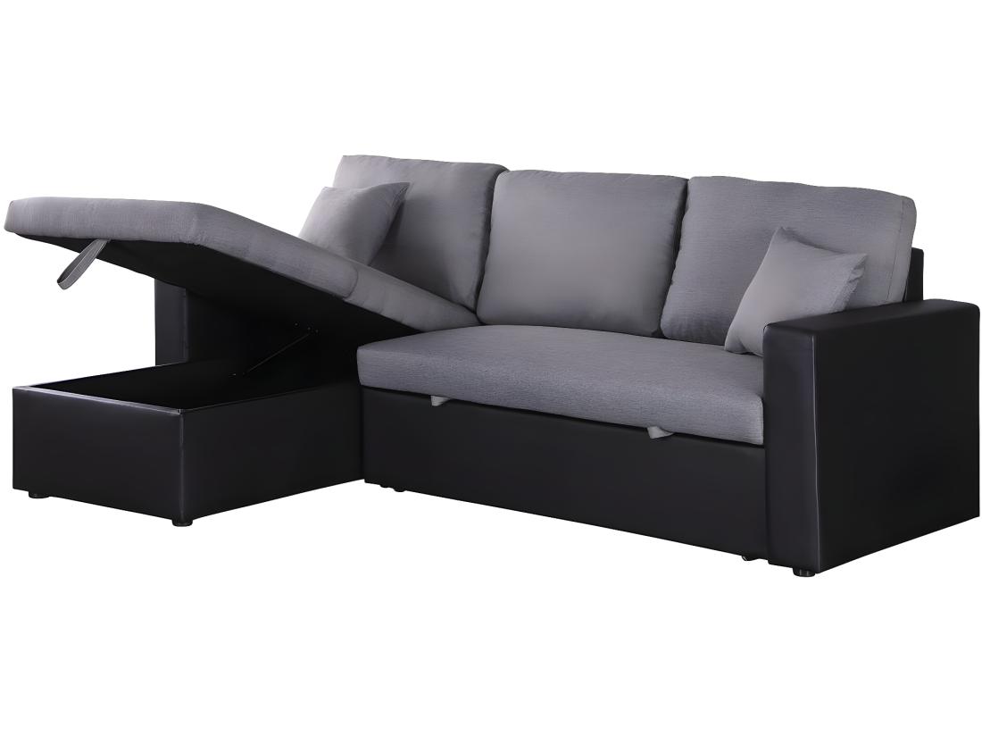Vente Unique Canapé D'angle Convertible/ Réversible Avec Coffre "Alain" - 3 Places - Gris / Noir