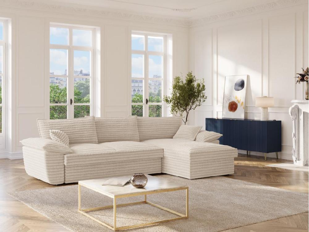 vente unique Canapé d'angle droit convertible en velours côtelé grosses côtes beige GUILLERMO